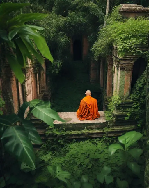 Prompt: A lone orange-robed monk sits cross-legged in a lush jungle in India, surrounded by ancient ruins covered in vines. Shot from above for sense of mystic isolation. Spiritual, ancient, tranquil oasis.