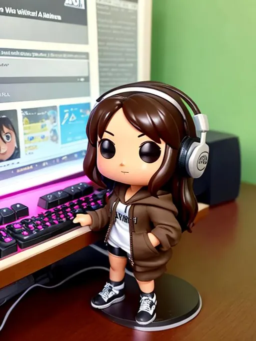 Prompt: cute funko pop female figure, below shoulder length wavy dark brown hair, brown eyes, holding a keyboard, wearing a headset, wearing a full black hoodie