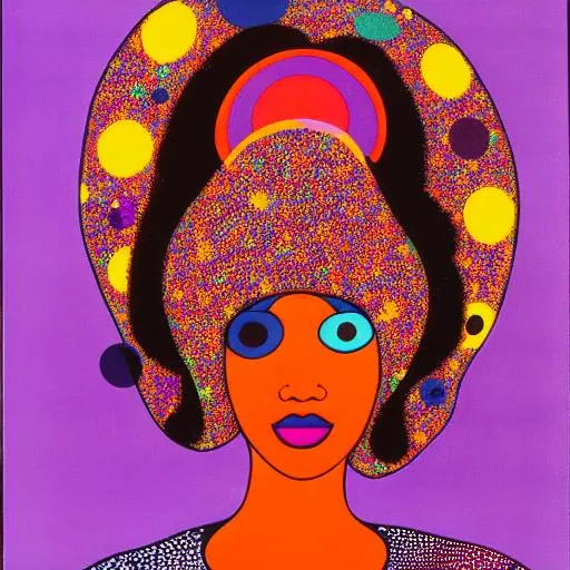 Prompt: beauty in the style of lisa frank yoyai kusama elizabeth catlett ntombephi ntobela bauhaus modigliani