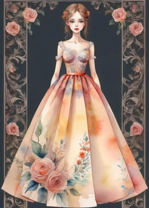 Prompt: young girl, long beautiful dress, a lot of details, high quality, standing straight, arms to the sides, paper doll, watercolor,