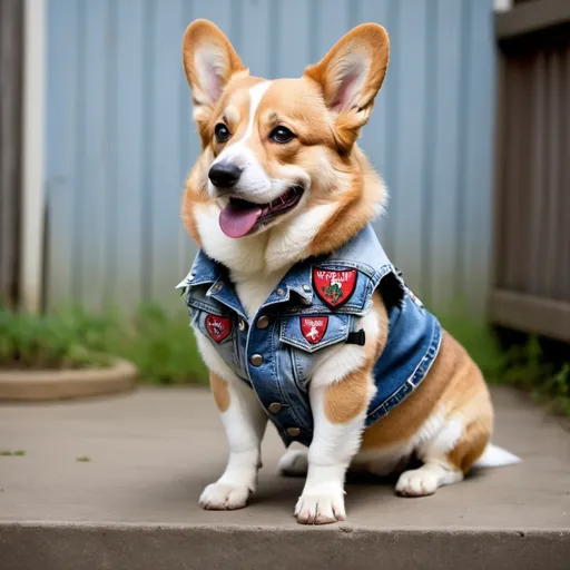 Prompt: Welsh Corgi wearing a heavy metal music denim vest with patches