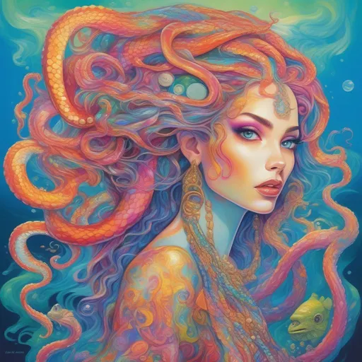 Prompt: A colourful woman with tentacles for hair in a flowing soft dress made of kelp, scales, coins, pearls and coral, in a painted style in the colour palate of Lisa Frank