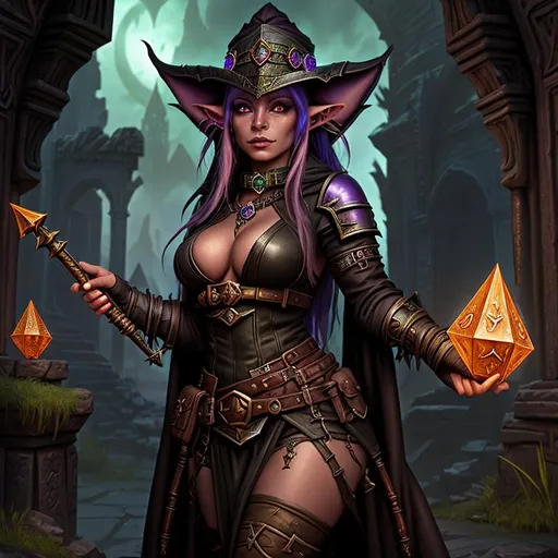 Prompt: Goblin sorcerer, female goblin, Dungeons and Dragons character art, oil painting, background consists of magical ruins at twilight, her expression is one of wonder, she is wearing expensive adventurer clothing, art inspired by "World of Warcraft", detailed symmetrical face, real, alive, real skin textures,