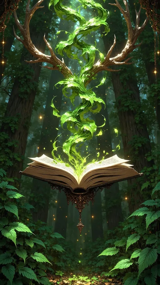 Prompt: ((small magical item)). ((magic spellbook with antlers)). floating leaf magic. glowing leaves, green spellbook
 
overgrown library study, ((wide length camera)), long distance , long shot, left side angle, wide depth of field. film grain, film textures. 