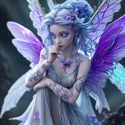 Prompt: Fairy goddess with pale blue hair and purple iridescent wings. She has highly a highly detailed face and also has highly detailed purple flowers in her hair. The scene is ethereal with a dark cinematic feel. In the style of brothers hildebrant fantasy