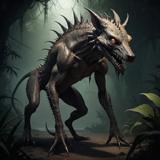 Prompt: Full body, Fantasy Illustration of a chupacabra, a doglike creature with lizard scales and thorns on head and back, huge alien eyes and sharp teeth, long tender limbs, dark and eerie lighting, spooky atmosphere, high quality, rpg-fantasy, detailed character design, atmospheric, jungle background