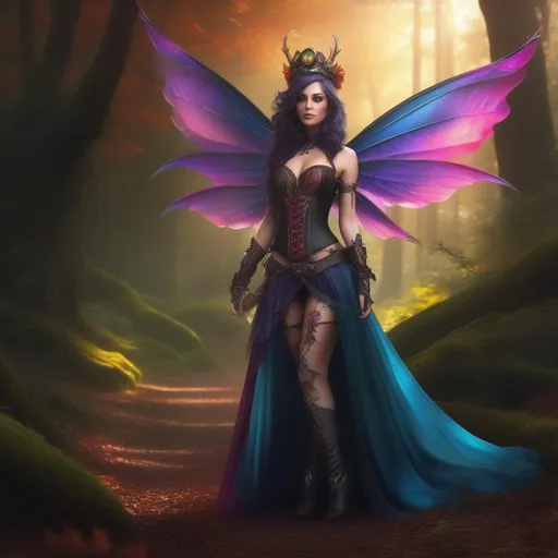 Prompt: Epic. Cinematic. Shes a colorful, Steam Punk, gothic, witch. ((distinct)) Winged fairy, with a skimpy, ((colorful)), gossamer, flowing outfit, standing in a forest by a village. ((Wide angle)). Detailed Illustration. 8k.  Full body in shot. (Hyper real painting). Photo real. A ((beautiful)), very shapely, woman with ((anatomically real hands)), and ((vivid)) colorful, ((bright)) eyes. A ((pristine)) Halloween night. (Concept style art). 