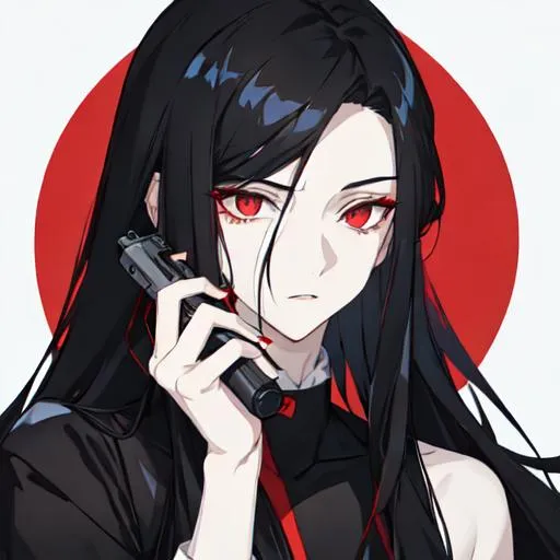 Prompt: 1male (pale) long black hair) (red eyes) holding a gun, nuclear fallout