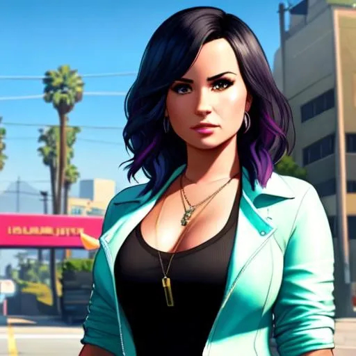 Prompt: Demi Lovato in GTA 5 loading screen, beautiful sunny day, los santos, stunning, highly detailed