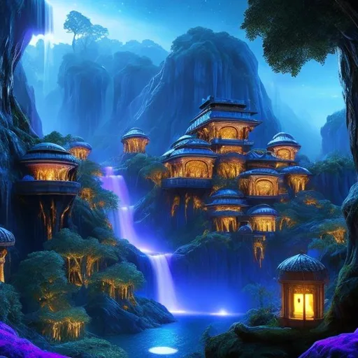 Prompt: Envision a civilization near a glowing waterfall in a lush forest. Fantasy, another dimension. Hyperrealistic, UHD, HD, 8K, houses, beautiful, highly detailed