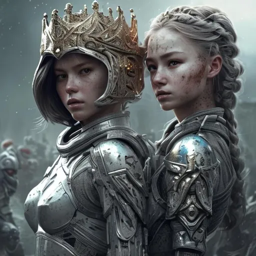 Prompt: create a photograph of beautiful  female with crown fighting against female elite space soldier, extremely detailed environment, detailed background, intricate, detailed skin, natural colors , professionally color graded, photorealism, 8k, moody lighting

