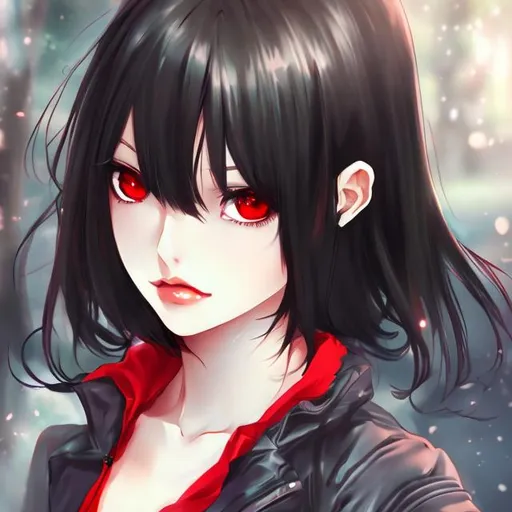 Prompt: Gorgeous woman, beautiful, semi realistic anime style, black hair, red eyes