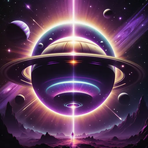 Prompt: Retri 1980s sci-fi rock music stylized art, saturn in the dark of space, reflective metallic colors, rays of sun shining, vibrant bright purple colors, glittering galaxies