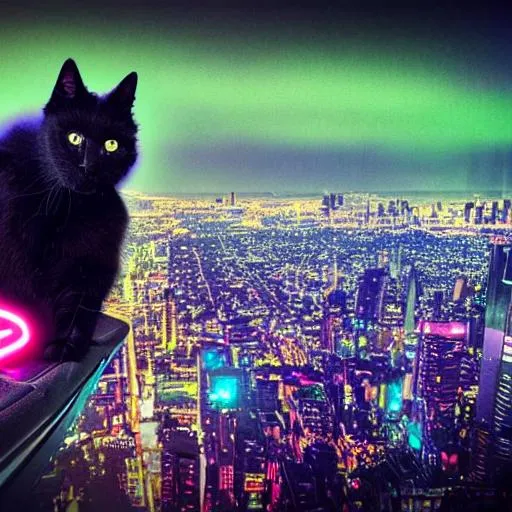Prompt: a black  cat in a cyberpunk world sitting on the top of sky scaraper in the night seeing the whole city ultra real,neon colours,back view
