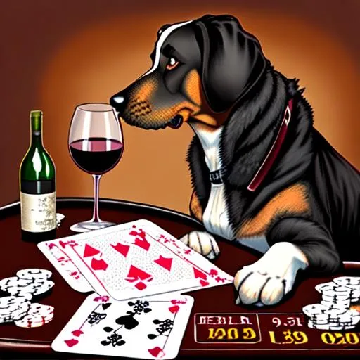 Prompt: a gambler dog, drinking wine