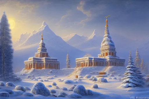 Prompt: temple, winter landscape, Hyperborea, by Vsevolod Ivanov,
