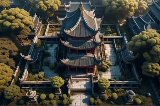 Prompt: abandoned chinese temple surrounded by huge cemetary, graveyard with tombstones and spooky garden, birdview, entire structure, immersive world-building, uncanny atmosphere, high quality, detailed, epic scale, fantasy, dusk