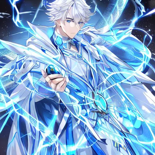 Prompt: butiful young man with an electric orbe in his hands white hairs, blue eyes, elegant costume white