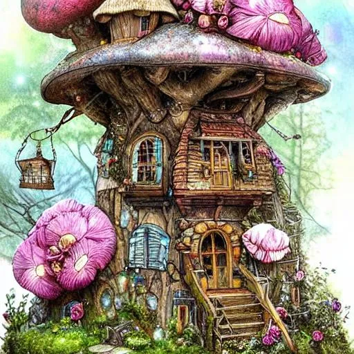 Prompt: fairy tale cottage tree house castle by Jean-Baptiste Monge!, Fantasy Fairy Boot House, a multistory ramshackle fairytale house, highly detailed mushroom fairytale multi level tree house, bright lighting, low saturation, muted colors, soft light, muted colors, realistic wild roses and peonies garden, bubbles,  sparkles, highly detailed floral bouquet, hyper realistic tall multi-level tree house in a magical forest with realistic floral bouquets, cinematic, stunning, art by jessica rossier, art by daniel merriam