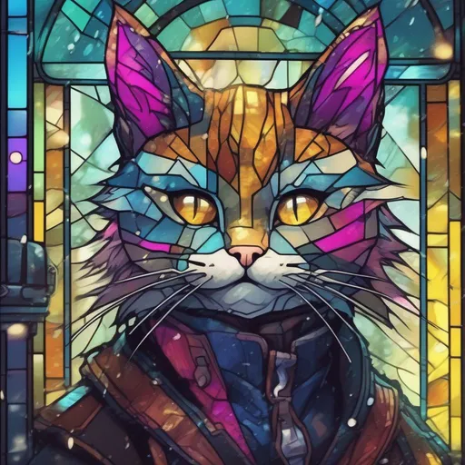 Prompt: A colourful and beautiful house cat in a stained glass style in the rain in a cyberpunk world in a marvel movie style