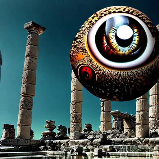 Prompt: hyperrealistic floating eyeball very large hovering over an ancient temple ruins