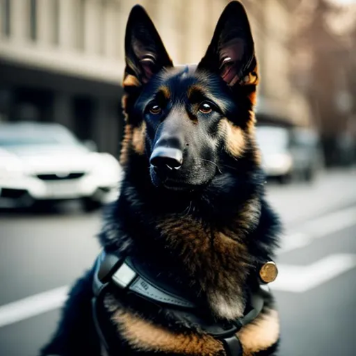Prompt: A German shepherd wearing spy gear, spy gear, blur the background, a fancy black car in the midground behind the dog