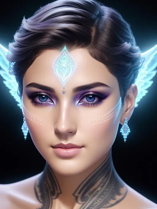 Prompt: handsome and gorgeous angel with short hair, intense and beautiful eyes and beautiful nose, thin fractals piezoluminescent face tattoo, by greg rutkowski and artgerm and emile vernon, etheral, bioluminescence, muted colors, pastels, expressive, high detail, five fingers, symmetrical eyes, hyperrealistic, intricate artwork, symmetrical, digital painting, dynamic lighting, artstation, digital painting, artstation, cinematic lighting, intricate artwork, dreamlike, symmetrical, emitting diodes, smoke, artillery, sparks, racks, system unit, motherboard, sharp focus, emitting diodes, smoke, artillery, sparks, racks, system unit, motherboard, by pascal blanche rutkowski repin artstation hyperrealism painting concept art of detailed character design matte painting, 8k resolution blade runner