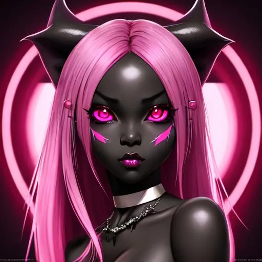 Prompt: Beautiful pink succubus demon girl black skin, anime Character Portrait, Looking At Camera, Symmetrical, Soft Lighting, Cute Big Circular Reflective Eyes, Pixar Render, black skin, Unreal Engine Cinematic Smooth, Intricate Detail, anime Character Design, Unreal Engine, Vintage Photography, Beautiful, Tumblr Aesthetic, Retro Vintage Style, Hd Photography, Hyperrealism, Beautiful Watercolor Painting, Realistic, Detailed, Painting By Olga Shvartsur, Svetlana Novikova, Fine Art, Soft Watercolor