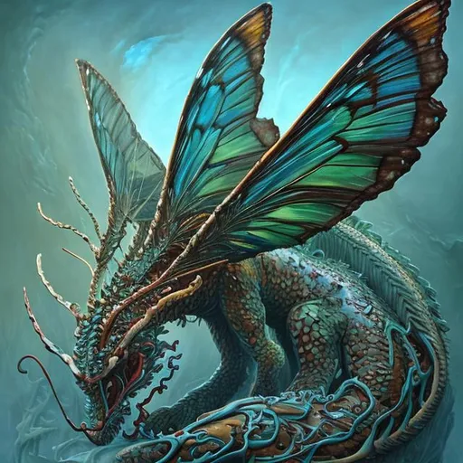 Prompt: "painting of hybrid between butterfly!!!!!!!! & dragon, intercrossed animal, mixture animal, by tiffany bozic, by zdzislaw beksinski, biomorphic, cold hue's, warm tone gradient background, concept art, beautiful composition, digital painting,"