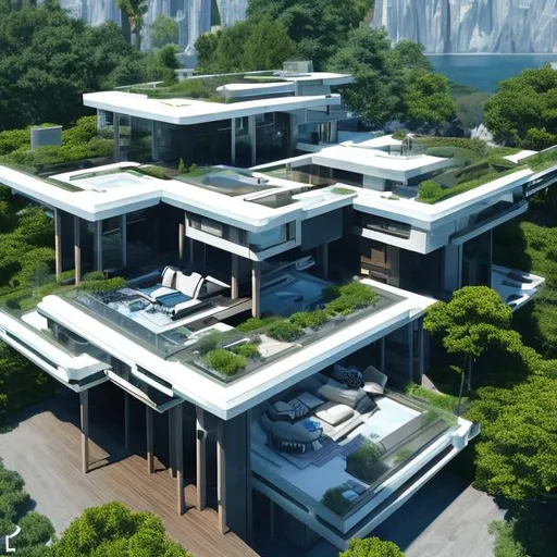 Prompt:  showcases an extraordinary house set in a futuristic world. Envision a sleek and minimalist architectural design with cutting-edge technology seamlessly integrated into every aspect. Picture a house with floor-to-ceiling glass walls, advanced automation systems, and sustainable features. Capture the essence of a futuristic lifestyle through bold lines, innovative shapes, and a harmonious blend of materials.