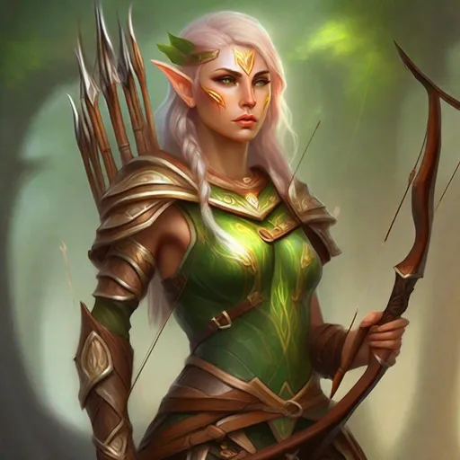 Prompt: create a oil painting concept art of one fantasy female elf archer with a very beautiful armor