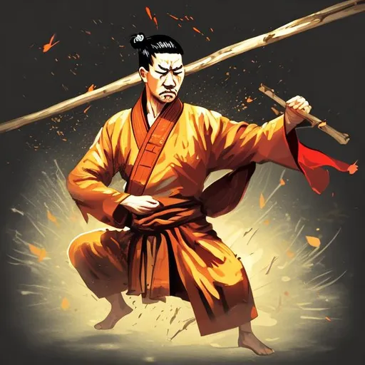 Prompt: a kung fu master holding a martial posture wearing robes getting hit by a stick on the head in pic art style

