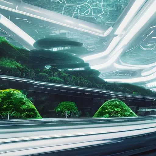 Prompt: Futuristic White City lush green plants light blue sky black roads hover car reflection high resolution







