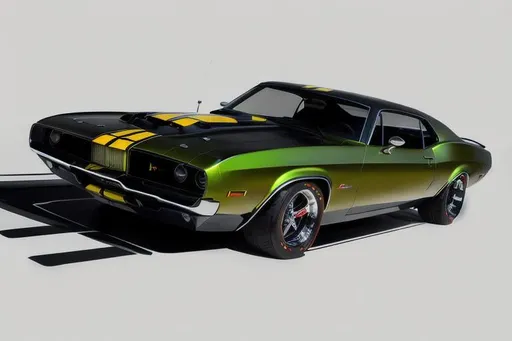 Prompt: combine some random sport car with a classic muscle car with bare metal paint, in a workshop, concept art style by pablo carpio. global illumination. full view.