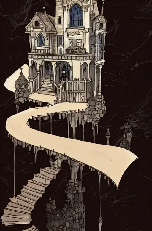 Prompt: Crazy, gothic, Victorian, houses, castles, towers, stairs, aquaducts, cartoon, in the style of Dr Seuss, bloodborne, drawing