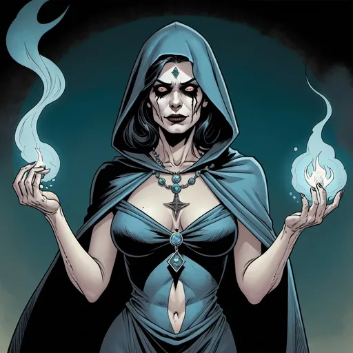 Prompt: undead Maltese woman necromancer casting a spell, bare chest, anorthite cloak and cowl, apatite amulet necklace, detailed, dramatic, dark colors, graphic novel illustration, retro comic book, 2d shaded, highres, detailed, dramatic lighting, professional