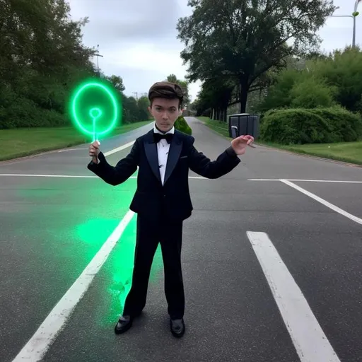 Prompt: 13 year old boy in a tuxedo casts a magic spell out of a car window with his magic wand on the traffic light to make it turn green