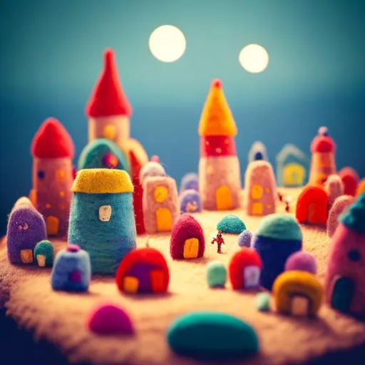 Prompt: A toy imaginary  village made of colorful yarn and felt with romantic lights and roads and cand small people
