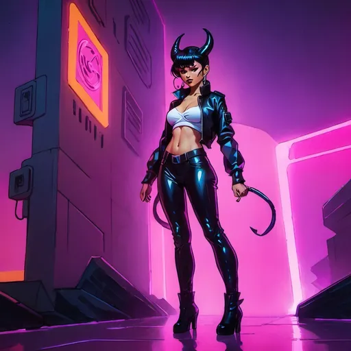 Prompt: a beautiful female demon in a dynamic pose in a retro futuristic synthwave cyberpunk neon paradise.  neon lighting, high quality, beautiful, masterpiece, artistic, synthwave, cyber, retro, futuristic