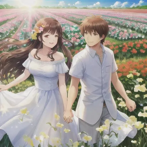 Prompt: A friend, holding my hands, in a flower field, the sun is bright and bring a smile on my face. Woman and man.