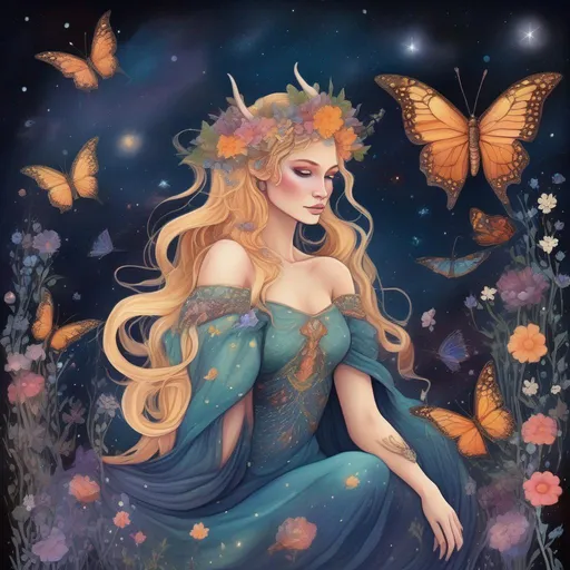 Prompt: A colourful and beautiful Persephone, she is a dragon woman, with scales for skin, antlers and gems in her blond hair. In a beautiful flowing dress made of wildflowers. Surrounded by butterflies and birds. Framed by a nighttime sky of clouds, stars and constellations. in a painted style