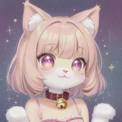 Prompt: adorable cat, pink eyes, tabby fur, chibi cat, cute furry, soft short hair, anthro furry, anthropomorphic furry, bell collar, face stickers, sparkles, cute