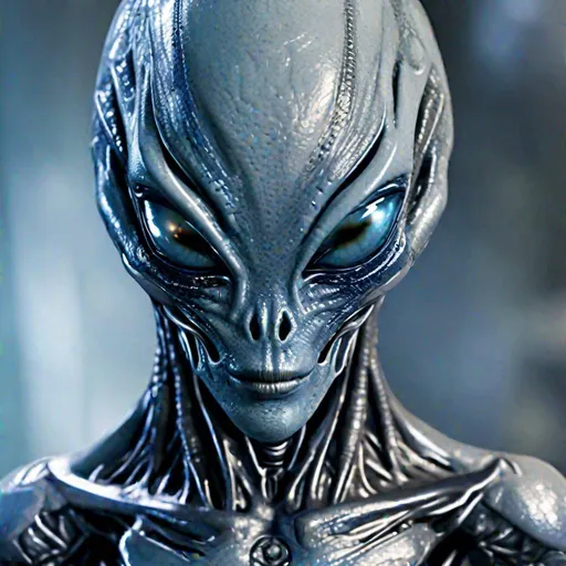 Prompt: Detailde face, body portrait, ultra realistic,a Alien with the body of a humanoid alien, who has grayish-blue skin and a shiny texture, the skin has a web-like design, which extends from the forehead to the chin. The eyes are large and black without irises or vertical pupils. The nose is small and pointed, and the mouth is wide and thin,  two holes on the sides of his head The body is slender and muscular, with a ribcage-like structure on the chest. The arms and legs are long and thin, with three fingers and three claws on each hand and foot.