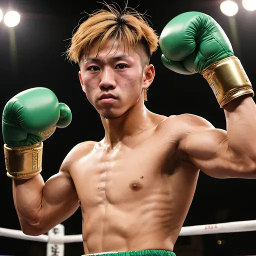 Prompt: Imagine a Japanese boxer resembling Naoya Inoue with golden and brownish hair. He is flexing his strong muscles with arms raised up. He is wearing green boxing gloves.