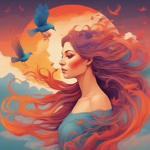 Prompt: colourful and beautiful Persephone with hair that is made out of a sunset with clouds and flying birds