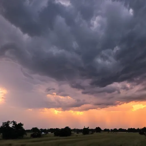 Prompt: evening rain ending a hot day, its wet but the sun is still out, a nice cool breeze blows and the sky is a cotton candy color, darkness at the edge of town

