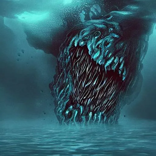 Prompt: terrifying giant amalgamous monster sneaking up from the deep dark sea underwater, thalassophobia, tiny person swimming, surrealism liminal space, sinking deep into the ocean, dark and ominous