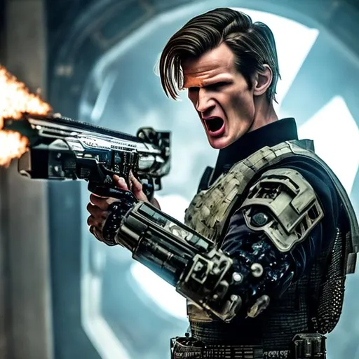 Prompt: Matt Smith shouting angrily wearing an armored futuristic scifi military uniform and holding an advanced exotic shotgun in full color