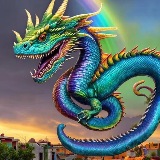 Prompt: a realistic rainbow dragon with a snake head, flying over a Mexican Villiage in Mexico