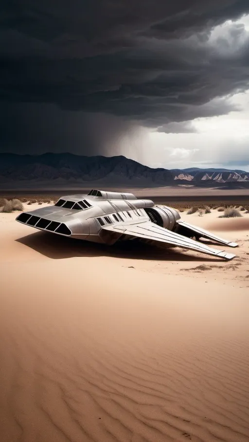 Prompt: futuristic spaceship crashed into the sand in New Mexico desert with mountains, (film noir style) desolate sandy landscape, ominous clouds looming overhead, sense of isolation and mystery, rich tonal depth, ultra-detailed high quality, cinematic atmosphere.